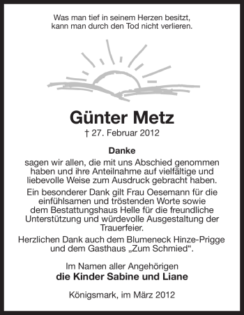 Traueranzeige von Günter Metz von ALLGEMEINE ZEITUNG UELZEN