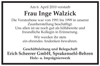 Traueranzeige von Inge Walzick von ALLGEMEINE ZEITUNG UELZEN