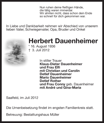 Traueranzeige von Herbert Dauenheimer von ALLGEMEINE ZEITUNG UELZEN