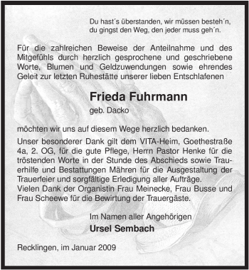 Traueranzeige von Frieda Fuhrmann von ALLGEMEINE ZEITUNG UELZEN