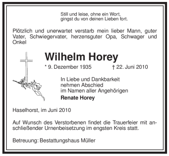 Traueranzeige von Wilhelm Horey von ALLGEMEINE ZEITUNG UELZEN