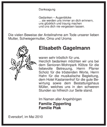 Traueranzeige von Elisabeth Gagelmann von ALLGEMEINE ZEITUNG UELZEN