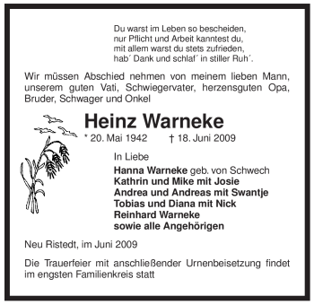 Traueranzeige von Heinz Warneke von ALLGEMEINE ZEITUNG UELZEN