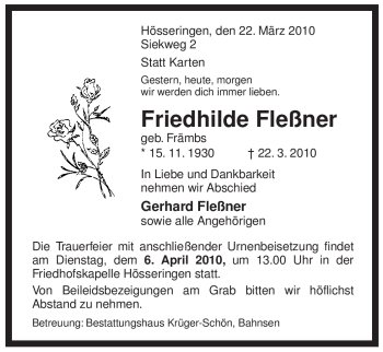 Traueranzeige von Friedhilde Fleßner von ALLGEMEINE ZEITUNG UELZEN