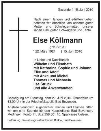 Traueranzeige von Else Köllmann von ALLGEMEINE ZEITUNG UELZEN