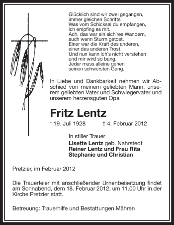 Traueranzeige von Fritz Lentz von ALLGEMEINE ZEITUNG UELZEN