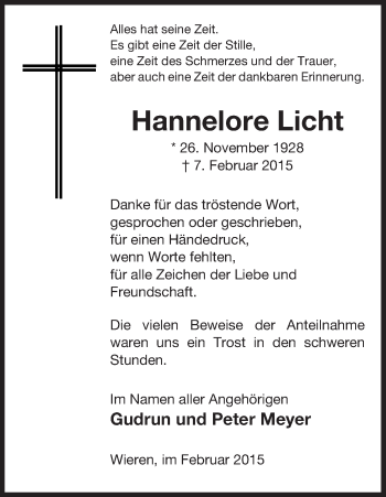 Traueranzeige von Hannelore Licht von Uelzen