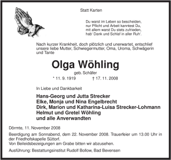 Traueranzeige von Olga Wöhling von ALLGEMEINE ZEITUNG UELZEN