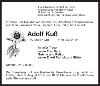 Traueranzeige von Adolf Kuß von ALLGEMEINE ZEITUNG UELZEN