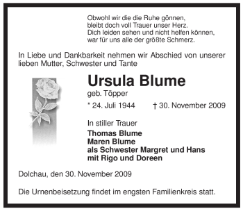 Traueranzeige von Ursula Blume von ALLGEMEINE ZEITUNG UELZEN