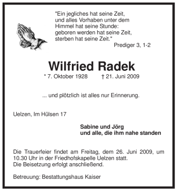 Traueranzeige von Wilfried Radek von ALLGEMEINE ZEITUNG UELZEN