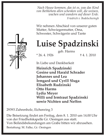 Traueranzeige von Luise Spadzinski von ALLGEMEINE ZEITUNG UELZEN