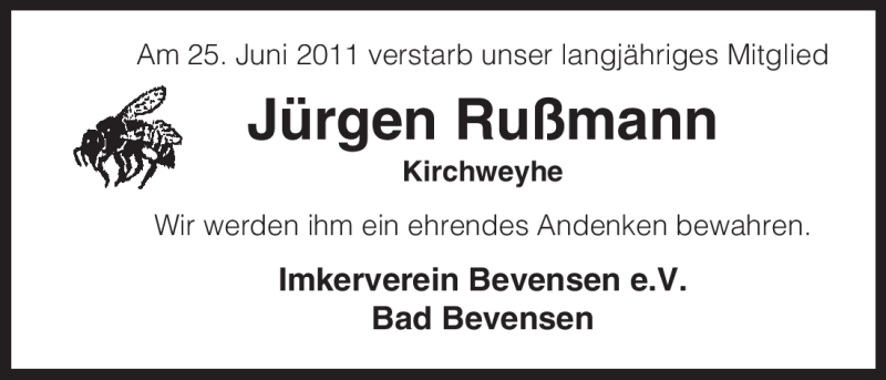  Traueranzeige für Jürgen Rußmann vom 29.06.2011 aus ALLGEMEINE ZEITUNG UELZEN