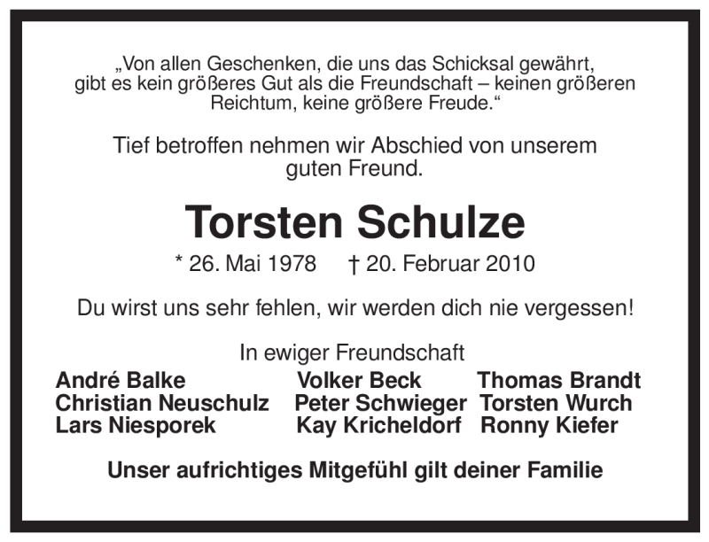  Traueranzeige für Torsten Schulze vom 05.03.2010 aus ALLGEMEINE ZEITUNG UELZEN