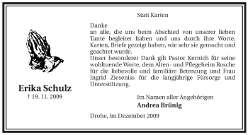 Traueranzeige von Erika Schulz von ALLGEMEINE ZEITUNG UELZEN