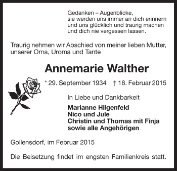 Traueranzeige von Annemarie Walther von Uelzen