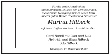 Traueranzeige von Marina Hilbeck von ALLGEMEINE ZEITUNG UELZEN