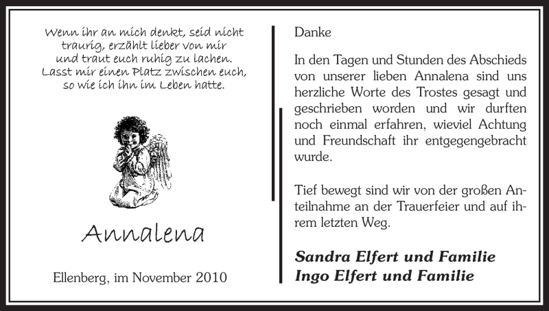  Traueranzeige für Annalena Unbekannt vom 04.12.2010 aus ALLGEMEINE ZEITUNG UELZEN