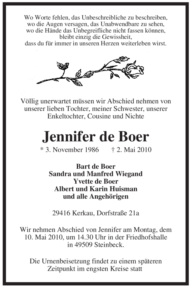 Traueranzeige für Jennifer de Boer vom 08.05.2010 aus ALLGEMEINE ZEITUNG UELZEN