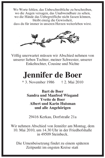 Traueranzeige von Jennifer de Boer von ALLGEMEINE ZEITUNG UELZEN