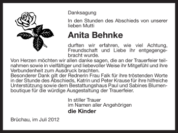 Traueranzeige von Anita Behnke von ALLGEMEINE ZEITUNG UELZEN