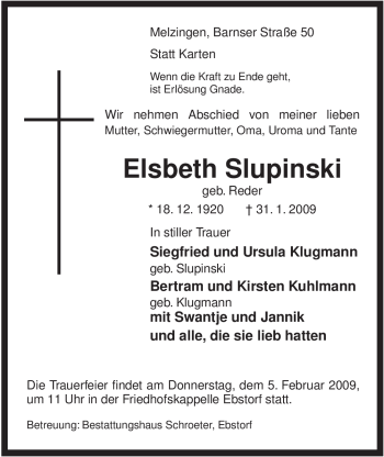 Traueranzeige von Elsbeth Slupinski von ALLGEMEINE ZEITUNG UELZEN