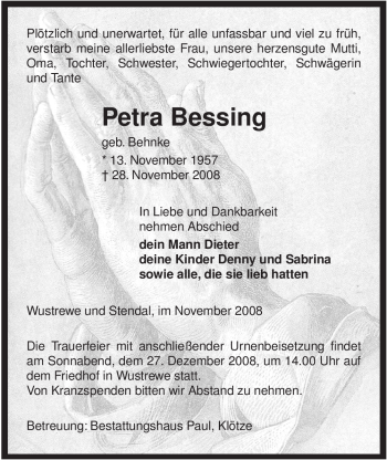 Traueranzeige von Petra Bessing von ALLGEMEINE ZEITUNG UELZEN