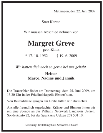 Traueranzeige von Margrit Greve von ALLGEMEINE ZEITUNG UELZEN