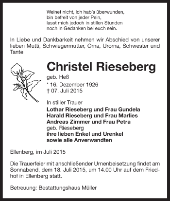 Traueranzeige von Christel Rieseberg von Uelzen