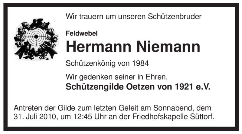  Traueranzeige für Hermann Niemann vom 30.07.2010 aus ALLGEMEINE ZEITUNG UELZEN