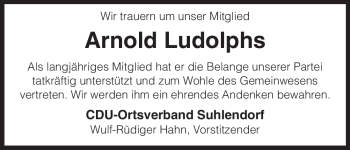 Traueranzeige von Arnold Ludolphs von ALLGEMEINE ZEITUNG UELZEN