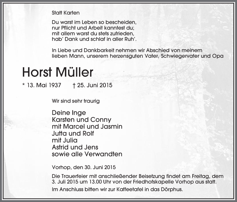  Traueranzeige für Horst Müller vom 30.06.2015 aus Uelzen