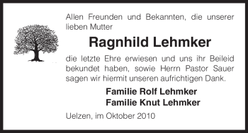 Traueranzeige von Ragnhild Lehmker von ALLGEMEINE ZEITUNG UELZEN