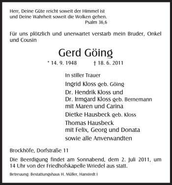 Traueranzeige von Gerd Göing von ALLGEMEINE ZEITUNG UELZEN