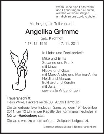 Traueranzeige von Angelika Grimme von ALLGEMEINE ZEITUNG UELZEN