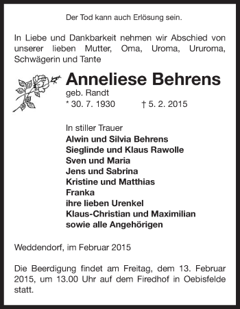 Traueranzeige von Anneliese Behrens von Uelzen