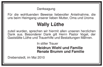 Traueranzeige von Wally Lüthe von ALLGEMEINE ZEITUNG UELZEN