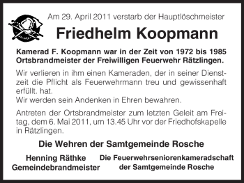 Traueranzeige von Friedhelm Koopmann von ALLGEMEINE ZEITUNG UELZEN