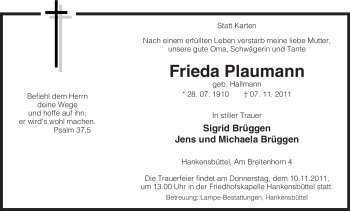 Traueranzeige von Frieda Plaumann von ALLGEMEINE ZEITUNG UELZEN