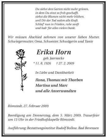 Traueranzeige von Erika Horn von ALLGEMEINE ZEITUNG UELZEN