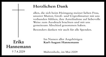 Traueranzeige von Erika Hannemann von ALLGEMEINE ZEITUNG UELZEN