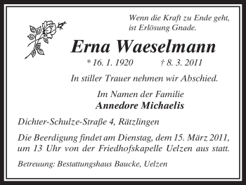 Traueranzeige von Erna Waeselmann von ALLGEMEINE ZEITUNG UELZEN