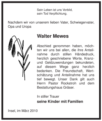 Traueranzeige von Walter Mewes von ALLGEMEINE ZEITUNG UELZEN