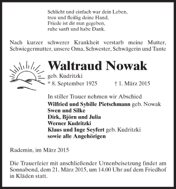 Traueranzeige von Waltraud Nowak von Uelzen