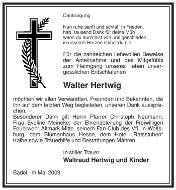 Traueranzeige von Walter Hertwig von ALLGEMEINE ZEITUNG UELZEN