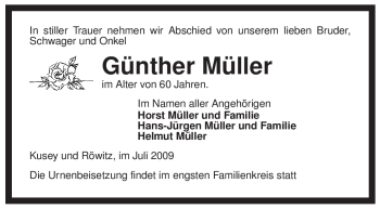 Traueranzeige von Günther Müller von ALLGEMEINE ZEITUNG UELZEN