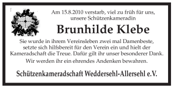 Traueranzeige von Brunhilde Klebe von ALLGEMEINE ZEITUNG UELZEN