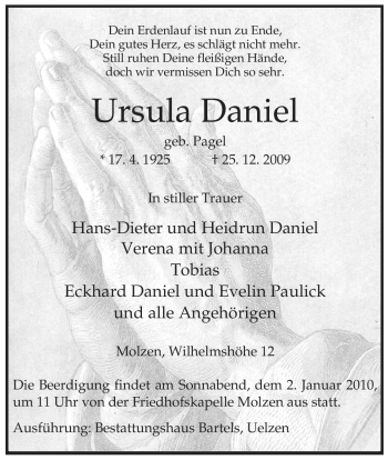 Traueranzeige von Ursula Daniel von ALLGEMEINE ZEITUNG UELZEN
