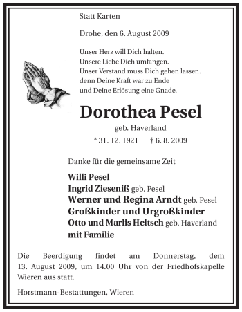 Traueranzeige von Dorothea Pesel von ALLGEMEINE ZEITUNG UELZEN