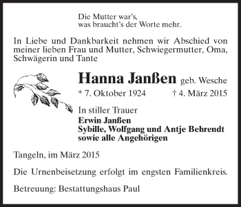 Traueranzeige von Hanna Janßen von Uelzen